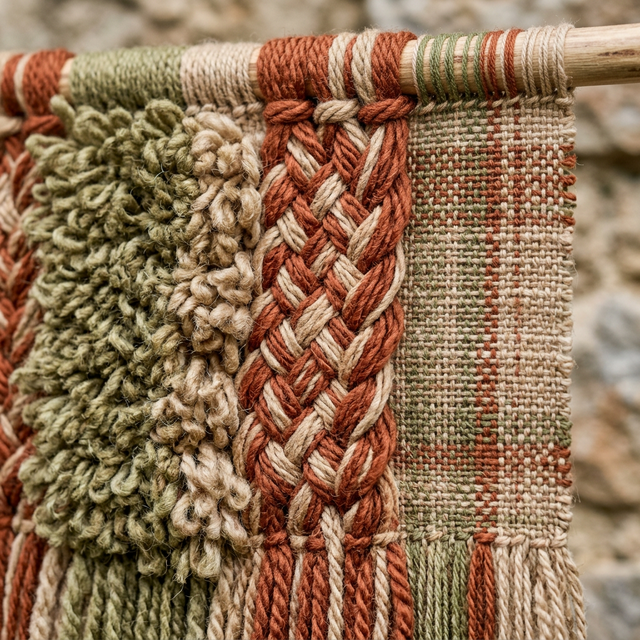 Gros plan sur des textures de tissage mural en relief